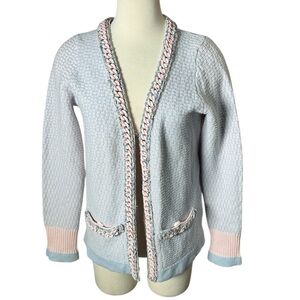 Chanel Pastel Blue Cashmere Resin Chain Trim Cardigan